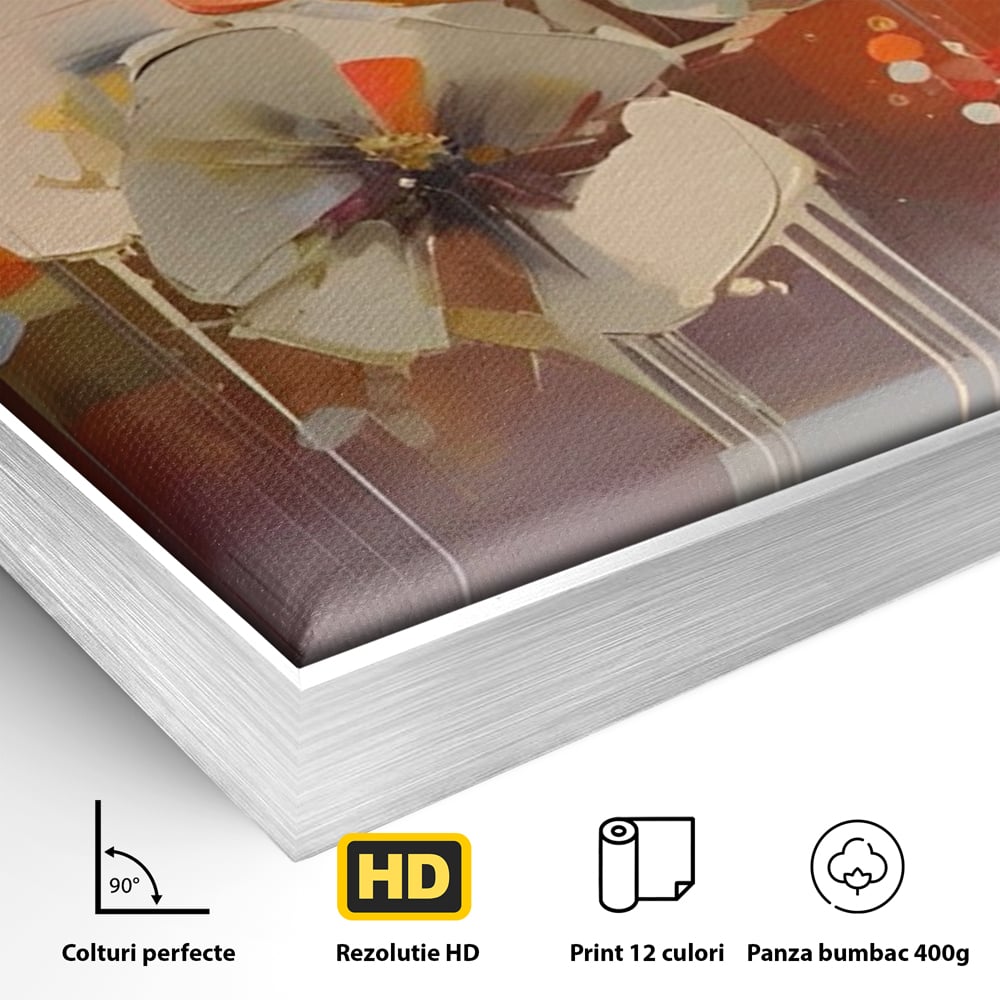 Detaliu al suprafetei: tablou canvas cu pictura florala abstracta, in rama de aluminiu argintiu